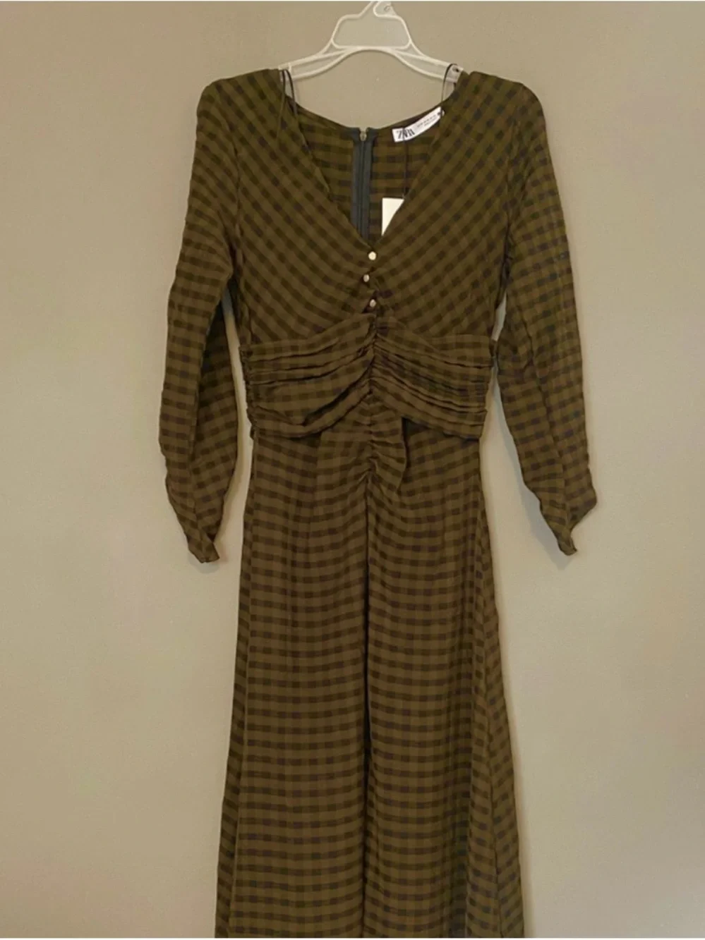 Zara Women's XS Midi Dress Olive Green Checked Drapped Front NWOT - Picture 3 of 4